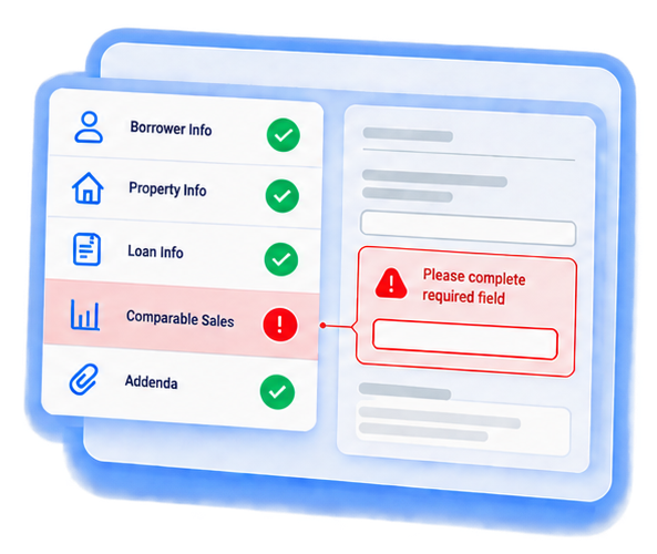 Report sections checked in real time, with a required field flagged in the comparable sales section