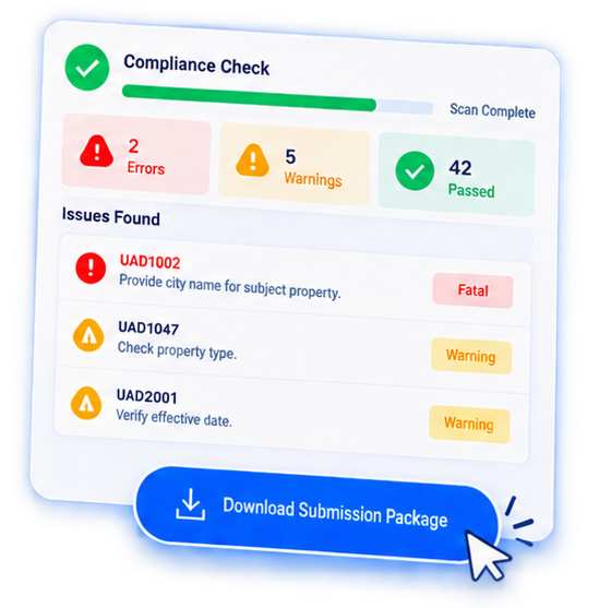 Compliance check results listing errors and warnings with a download submission package button